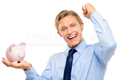 Buy stock photo Portrait, piggy bank and business man celebrate winning isolated on white studio background. Face, success and money box for saving lottery prize, budget and excited to invest for financial freedom