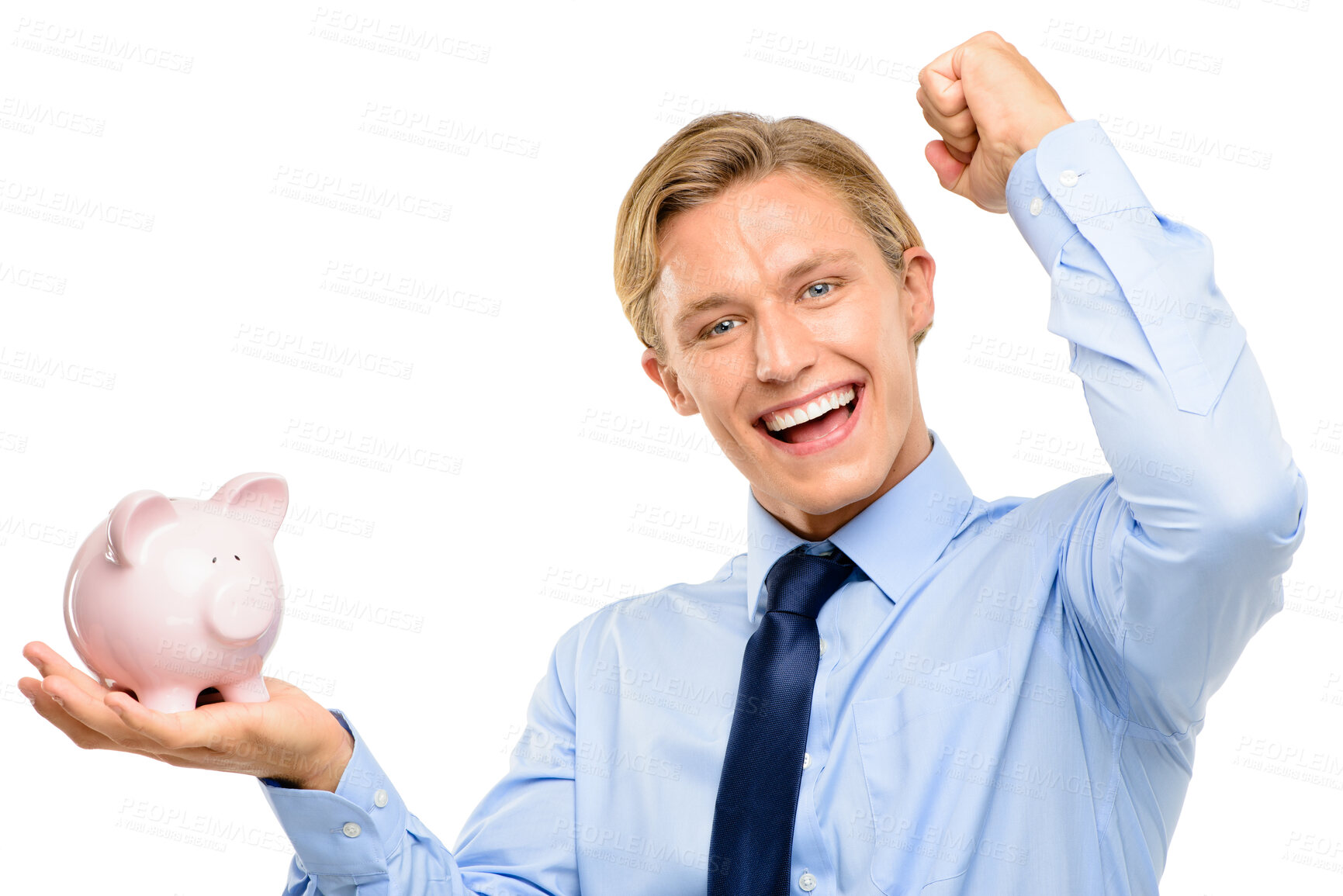 Buy stock photo Portrait, piggy bank and business man celebrate winning isolated on white studio background. Face, success and money box for saving lottery prize, budget and excited to invest for financial freedom