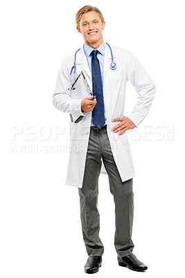 Buy stock photo Healthcare, clipboard and doctor in studio for portrait, profession or happy in career. Cardiologist, smile or confident on white background for compliance, sign up or new patient medical information