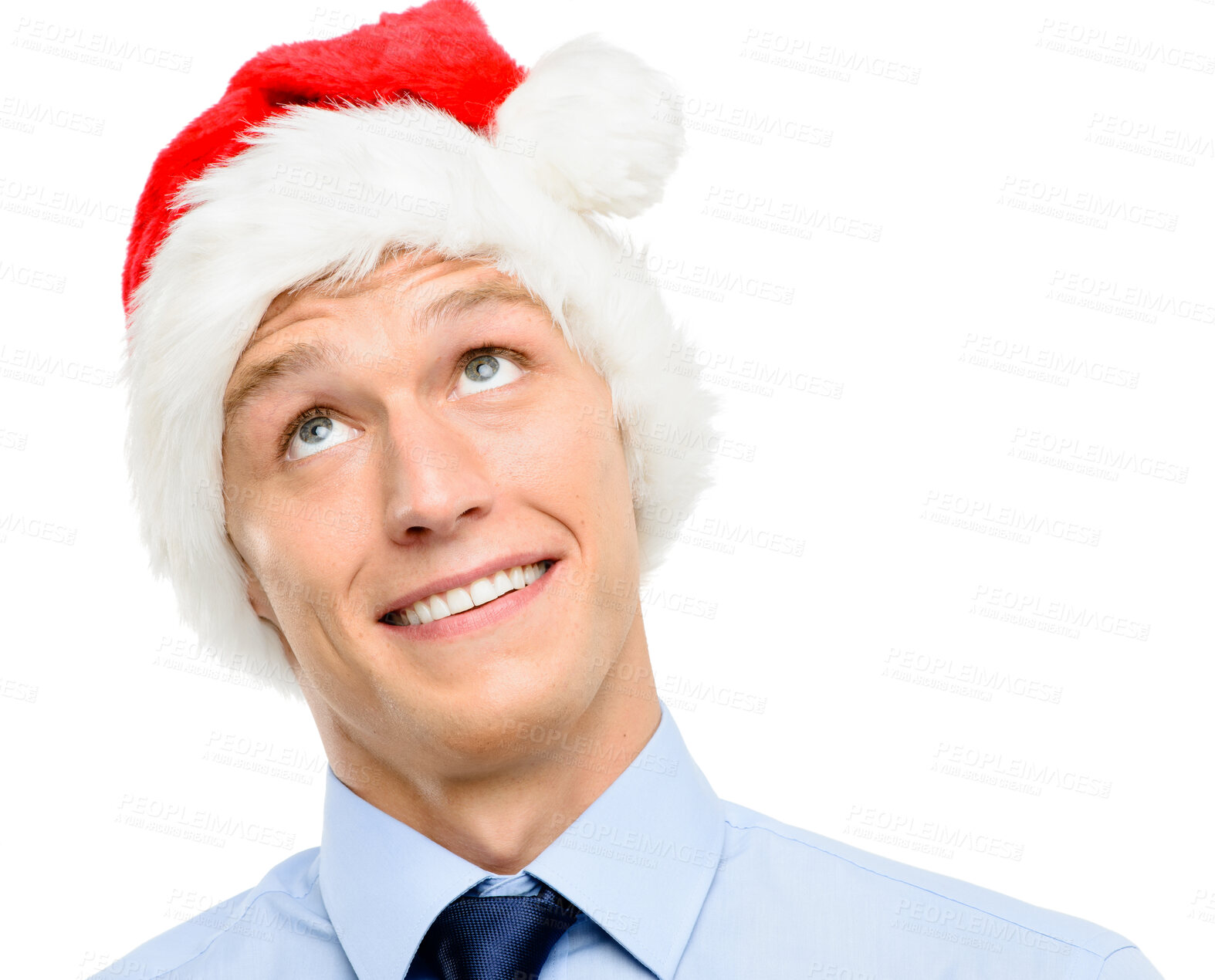 Buy stock photo Businessman, happy and Christmas hat in studio on white background for festive season and celebration. Male person, isolated and smile with thinking for corporate ideas with wishes for company growth
