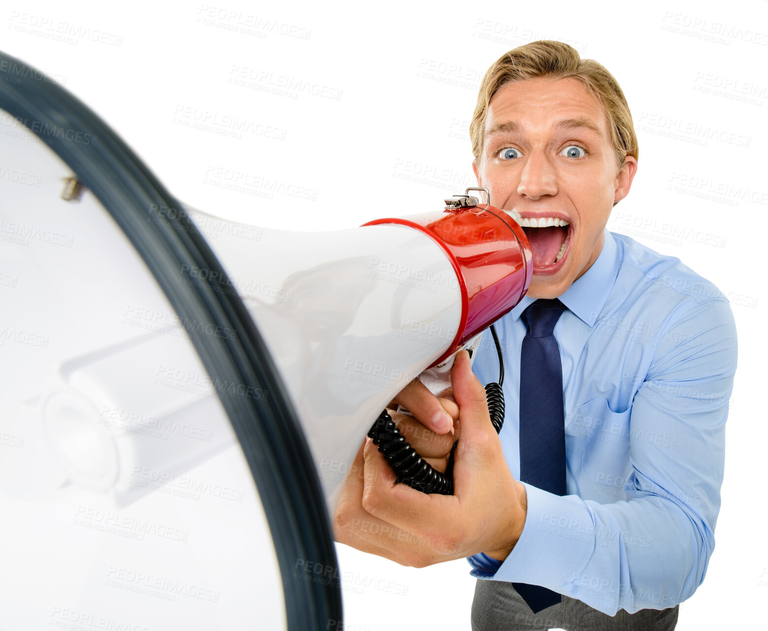 Buy stock photo Studio, megaphone or portrait of businessman with announcement, communication or message. Speaker, yelling or banker screaming advice with voice on white background for news bulletin or attention