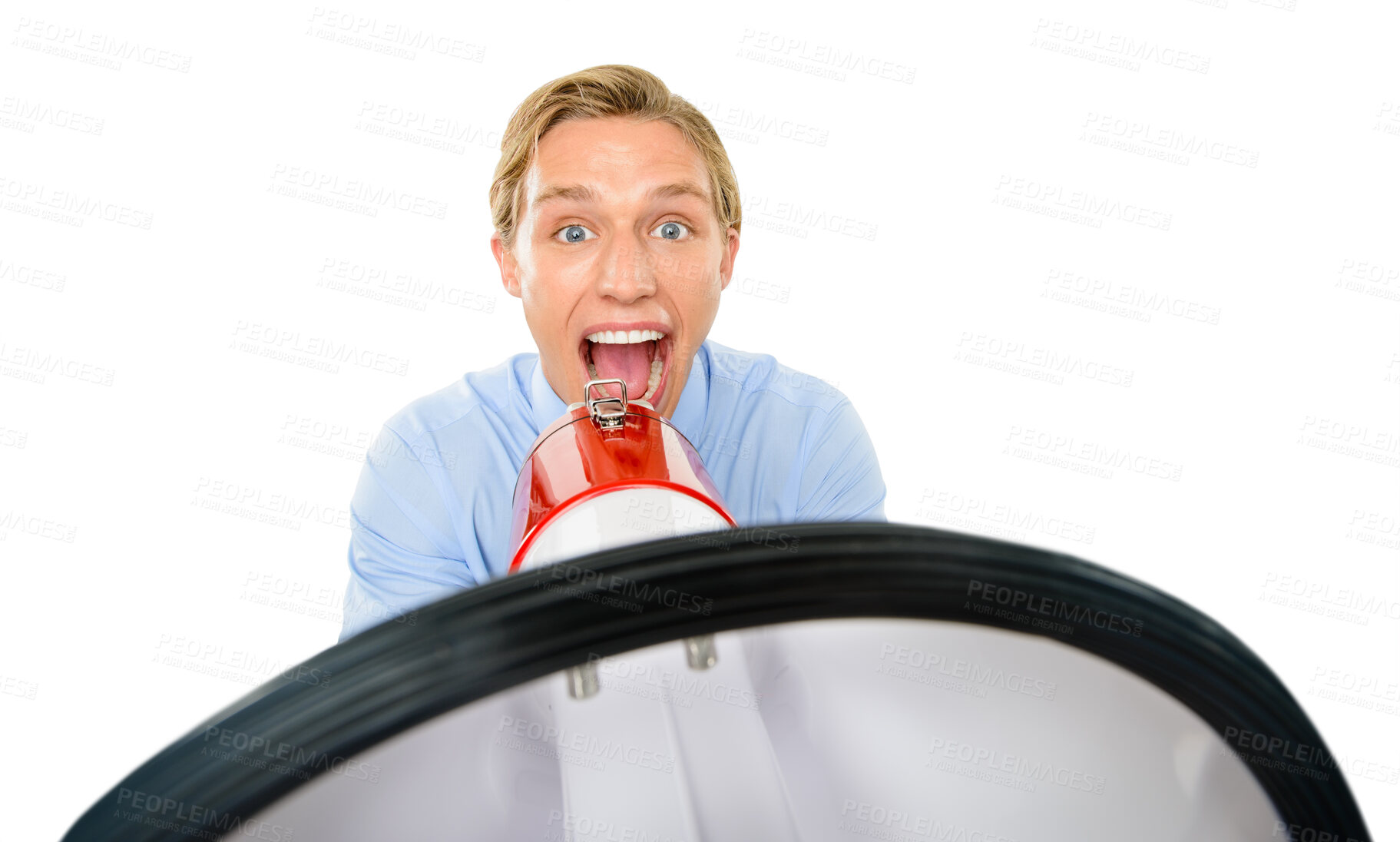 Buy stock photo Megaphone, studio and portrait of man, business and excited with news for attention, wow or announcement. White background, shouting and investor with advice, scream or loud with voice or corporate