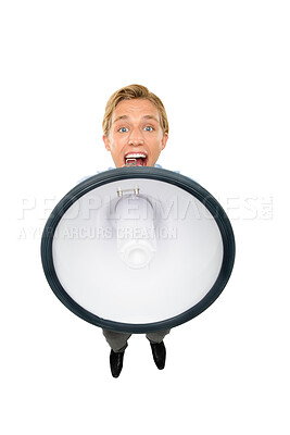 Buy stock photo Space, speaker or portrait of man with announcement, loud communication or funny message. Megaphone, yelling or person screaming advice in studio on white background for news bulletin or attention