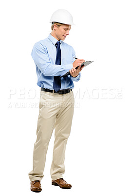 Buy stock photo Writing, architect and man with clipboard, studio and planning for renovation, thinking and business. White background, space and person with notes for building construction and inspector with ideas