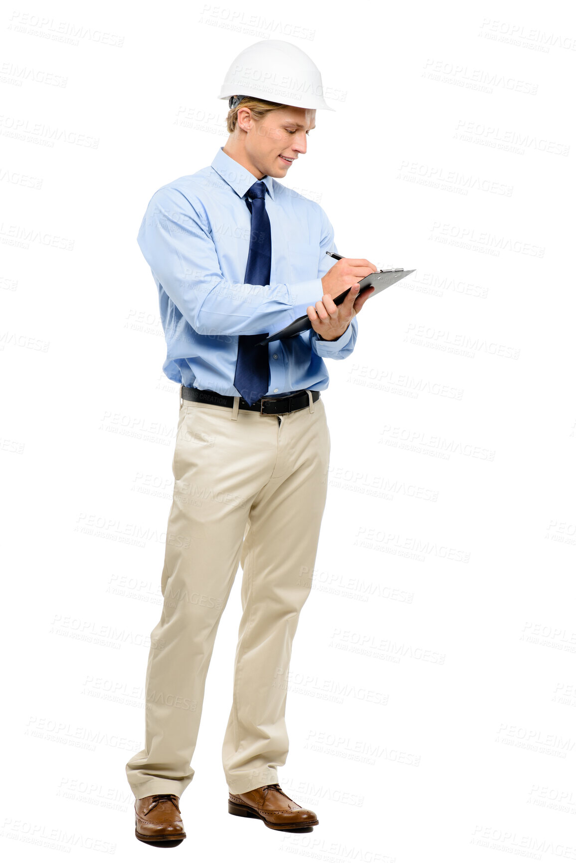 Buy stock photo Writing, architect and man with clipboard, studio and planning for renovation, thinking and business. White background, space and person with notes for building construction and inspector with ideas