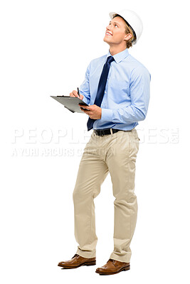 Buy stock photo Businessman, contractor and writing with clipboard in studio, maintenance or production on a white background. Happy man or engineer taking notes with smile or helmet for inventory or stock control