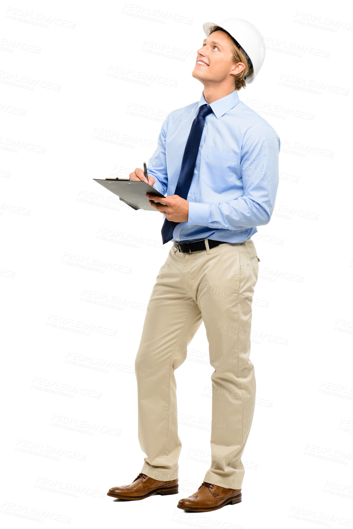 Buy stock photo Businessman, contractor and writing with clipboard in studio, maintenance or production on a white background. Happy man or engineer taking notes with smile or helmet for inventory or stock control