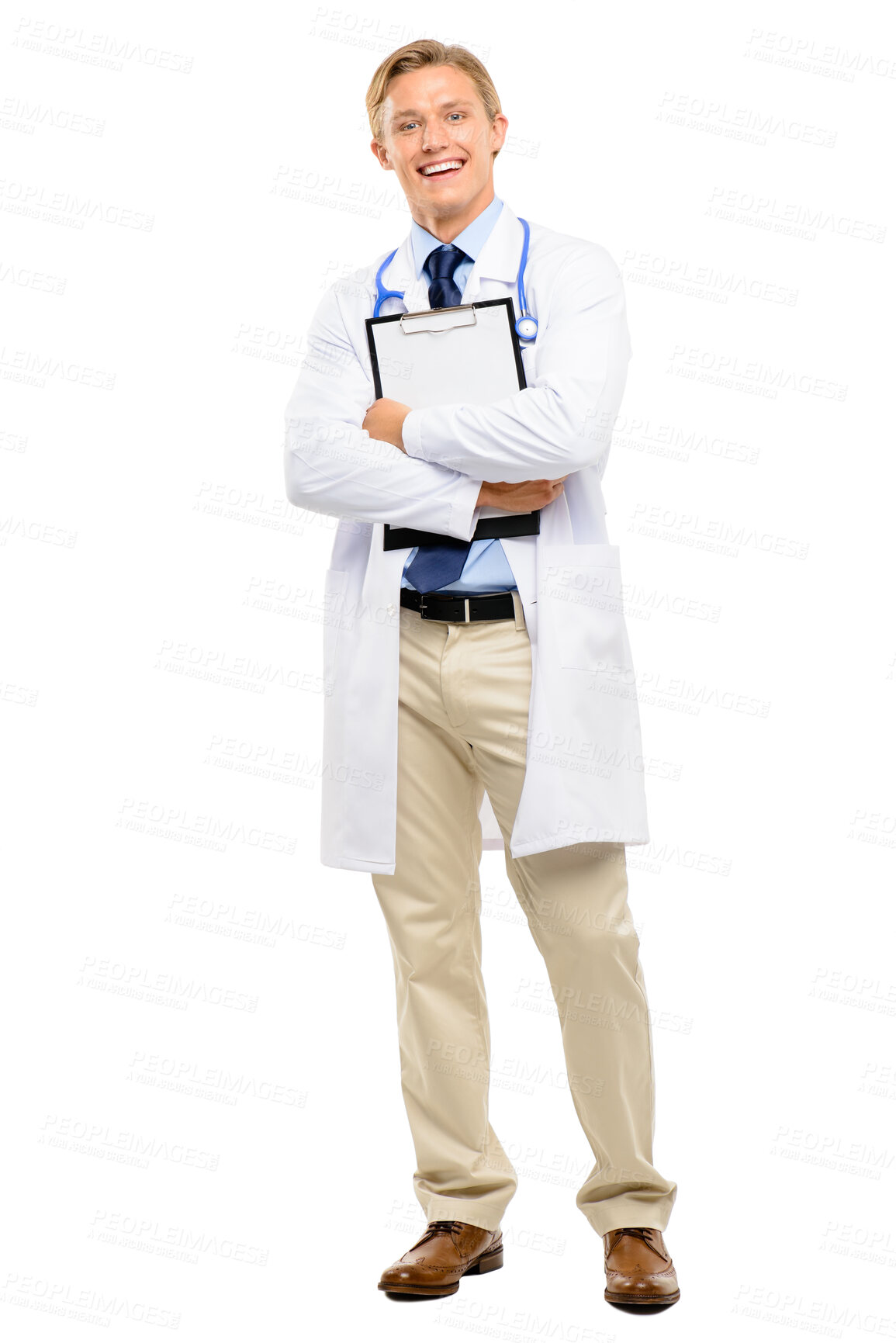 Buy stock photo Happy man, clipboard and doctor in studio for portrait, profession or pride in career. Cardiologist, smile or healthcare on white background for compliance, sign up or new patient medical information