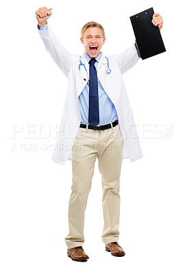 Buy stock photo Full length shot of a handsome young doctor standing alone in the studio and holding a clipboard while celebrating