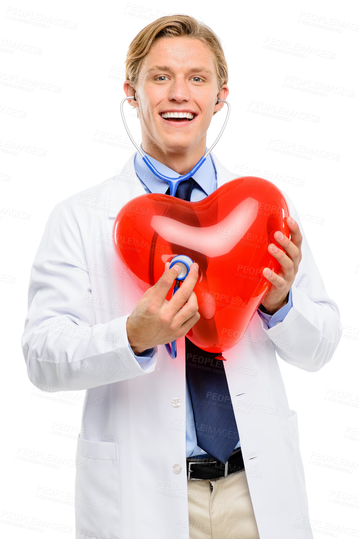 Buy stock photo Man, cardiologist and stethoscope on heart in studio on white background for surgery, procedure and operation. Smile, doctor and portrait on health presentation for healthcare and wellness awareness