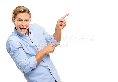 Buy stock photo Pointing, happy and portrait of businessman in studio with mockup space for corporate option. Smile, career and male investment banker with show gesture for choice or selection by white background.