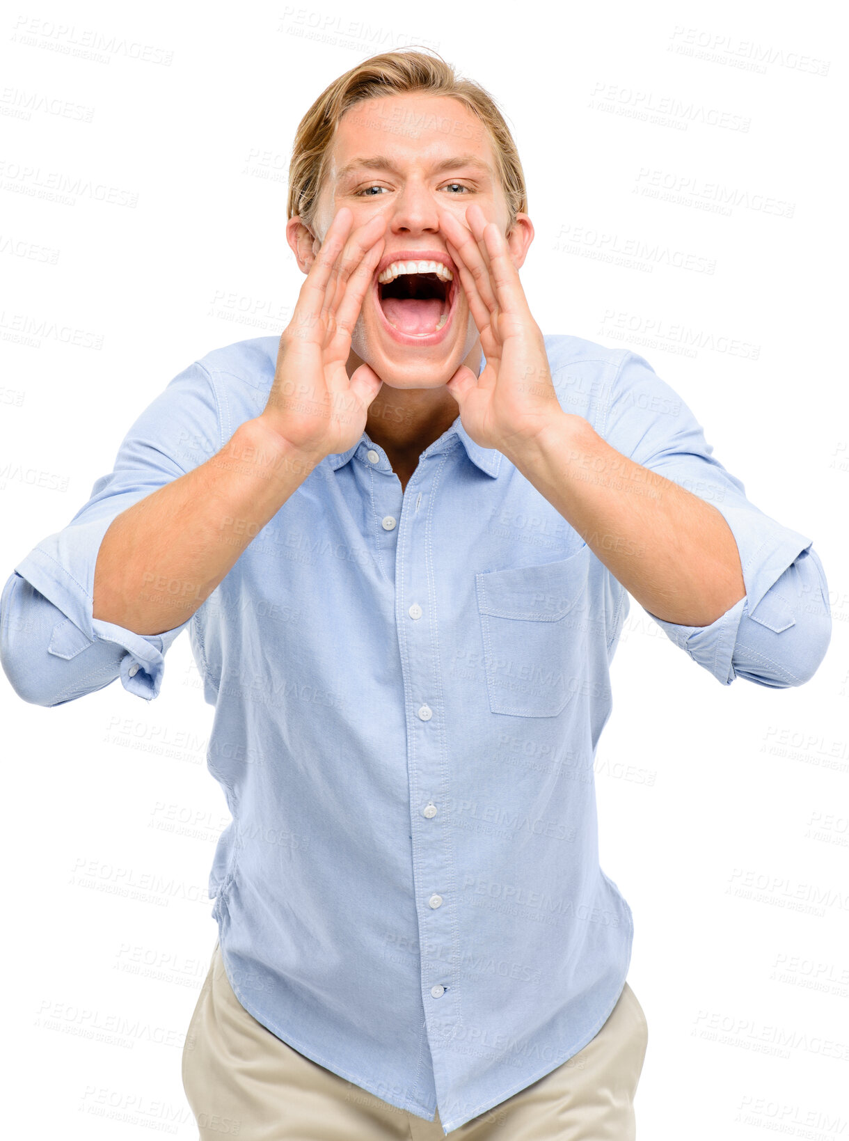 Buy stock photo Portrait, business man and shouting for announcement, promotion or information for discount offer. Call, person and yell for attention, news and advertising deal isolated on white studio background