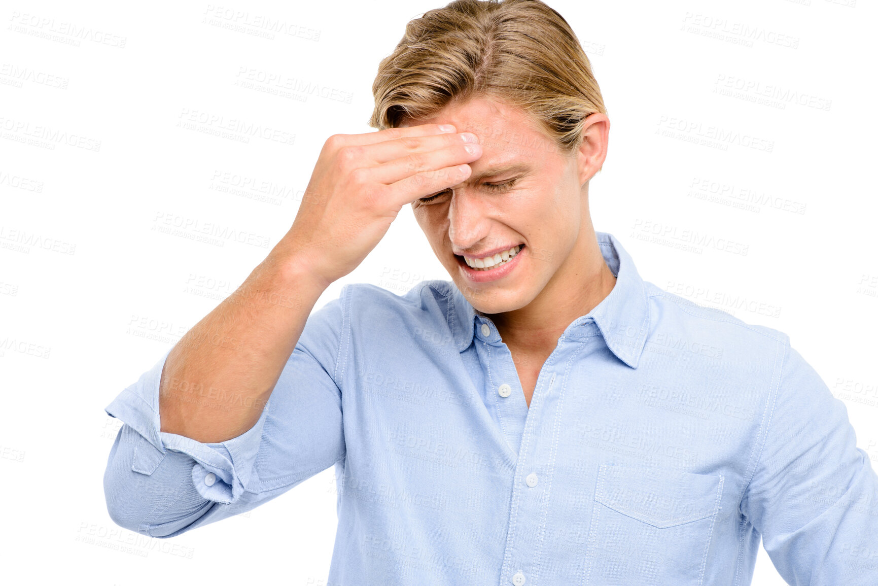 Buy stock photo Frustrated man, headache and pain with stress, anxiety or pressure in studio on a white background. Young male person or model with migraine in depression or mental breakdown for mistake or failure