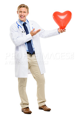 Buy stock photo Man, doctor and happy with heart in studio on white background on surgery, procedure and operation. Male person, cardiologist and portrait on health presentation for healthcare and wellness awareness