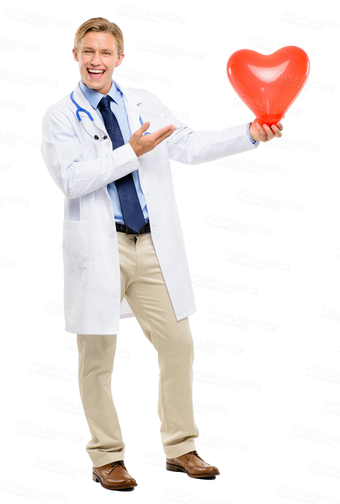 Buy stock photo Man, doctor and happy with heart in studio on white background on surgery, procedure and operation. Male person, cardiologist and portrait on health presentation for healthcare and wellness awareness