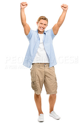 Buy stock photo Happy man, portrait and winning with celebration for achievement or victory in studio on a white background. Young male person or excited model with fist pump for accomplishment, success or promotion