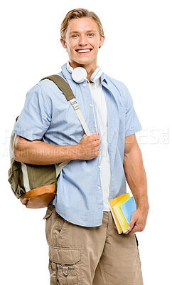 Buy stock photo Portrait, man and student for education in studio with university textbooks, backpack and headphones of learning. Smile, male person and books for studying, language development and white background