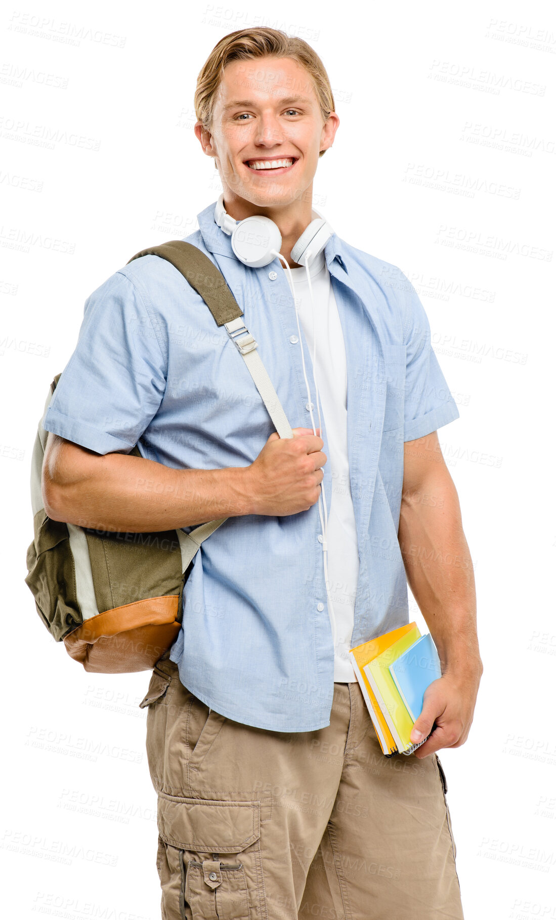 Buy stock photo Portrait, man and student for education in studio with university textbooks, backpack and headphones of learning. Smile, male person and books for studying, language development and white background