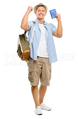 Buy stock photo Happy man, portrait and tourist with passport or backpack for travel or vacation trip on a white studio background. Young male person or excited traveler with smile or ID for international flight