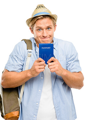 Buy stock photo Happy man, portrait or tourist with passport, bag or hat for travel or vacation trip on a white studio background. Young male person or excited traveler with smile, backpack or ID for flight booking