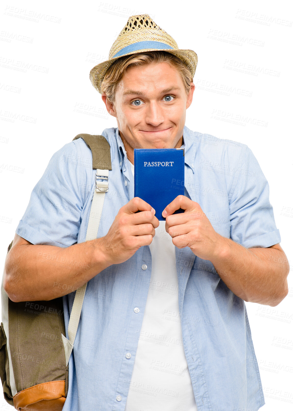 Buy stock photo Happy man, portrait or tourist with passport, bag or hat for travel or vacation trip on a white studio background. Young male person or excited traveler with smile, backpack or ID for flight booking