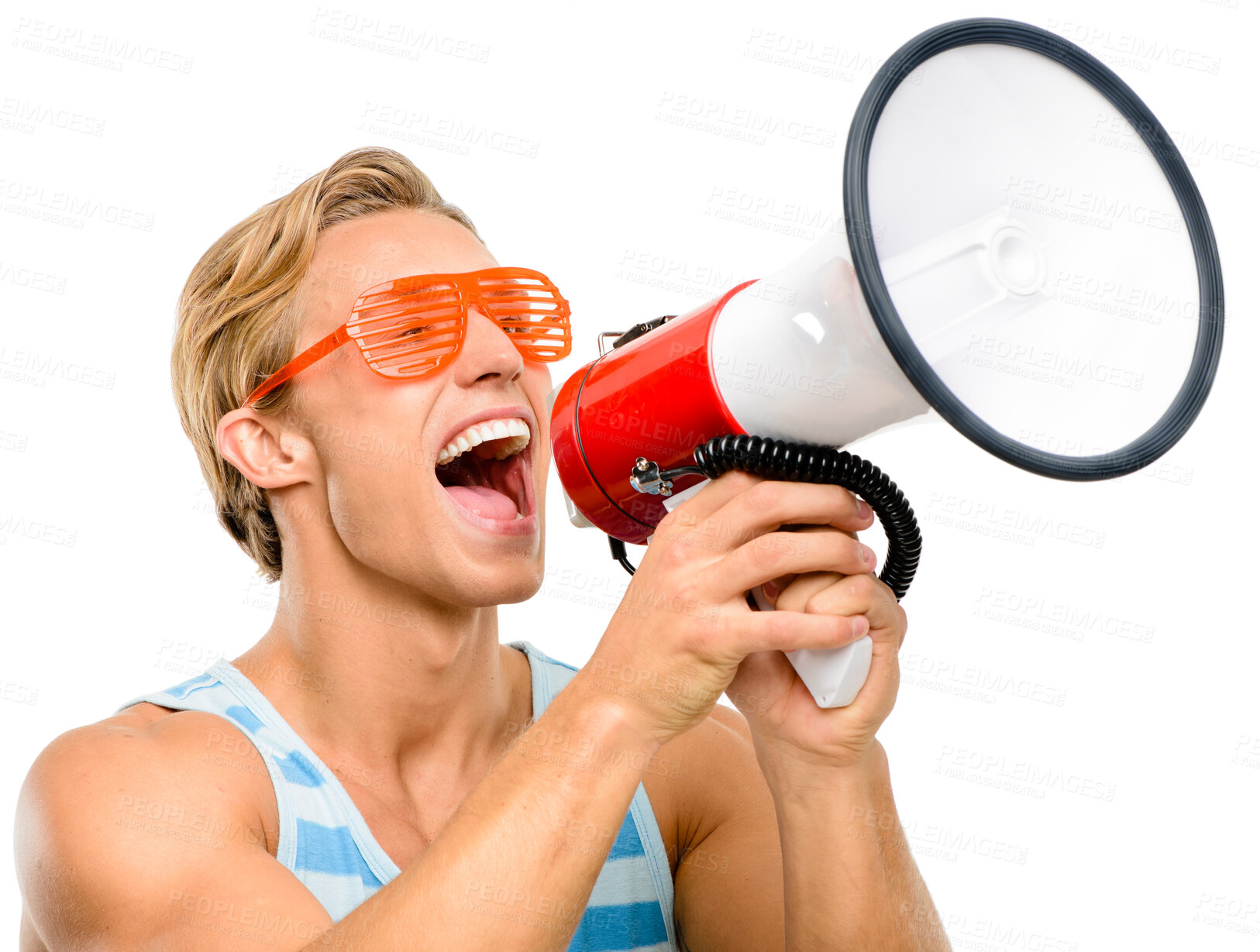 Buy stock photo Fashion, speaker or man in studio for announcement, loud communication or cool clothes offer. Megaphone, yelling or model screaming on white background for news bulletin, call to action or attention