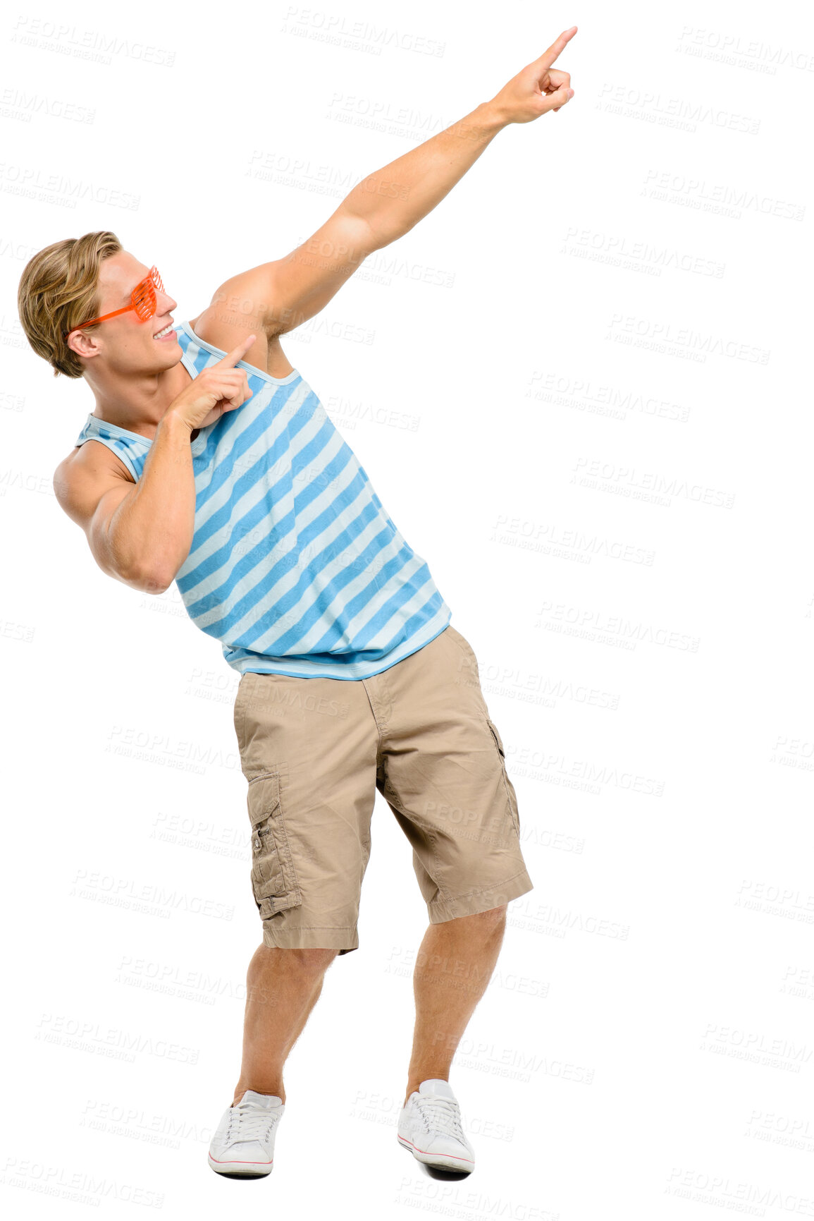 Buy stock photo Cool, pointing and man with sunglasses, studio and promotion for summer, fun and trendy in mockup. White background, space and person with gesture for advertising, fashion and clothes of model