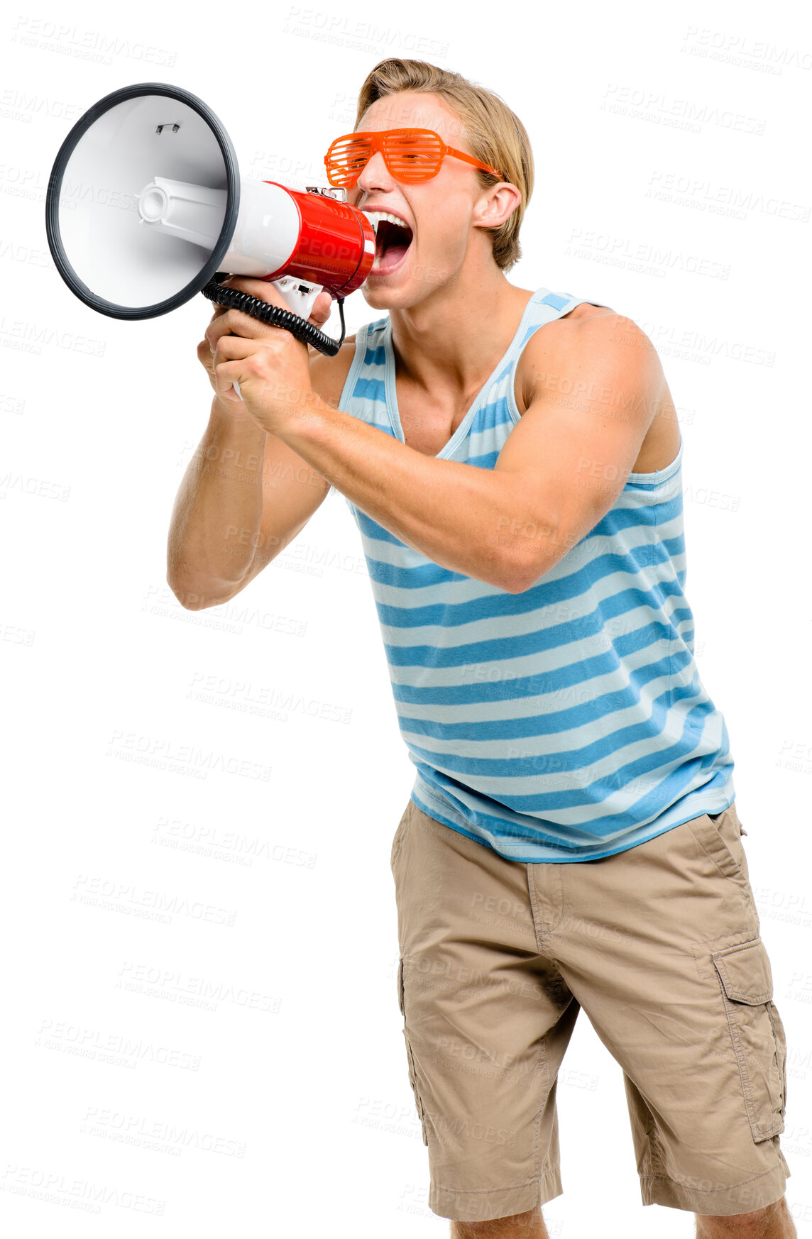 Buy stock photo Fashion, megaphone or man in studio for announcement, loud communication or cool clothes offer. Speaker, yelling or model screaming on white background for news bulletin, call to action or attention