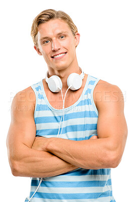 Buy stock photo Man, fashion and headphone with arms crossed in studio on white backgrounds with smile for music and playlist. Male person, happy and confident on portrait with summer outfit, style and clothes