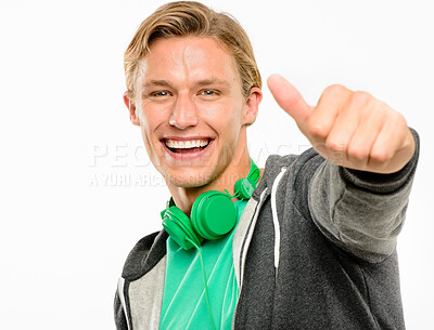 Buy stock photo Portrait, excited man and thumbs up for success, support or quality music streaming service. Face, smile or like hand gesture for feedback, laugh or podcast review isolated on white studio background