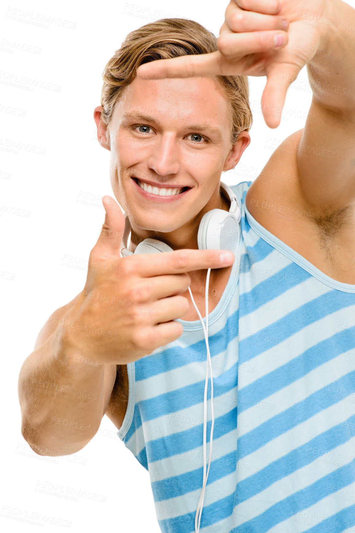 Buy stock photo Finger frame, portrait and man with smile, headphones and casual outfit isolated on white studio background. Face, person or model with hand gesture, capture or moment with headset or stylish clothes