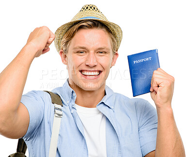 Buy stock photo Happy man, portrait or tourist with passport, hat or backpack for travel or vacation trip on a white studio background. Young male person or excited traveler with smile or ID for international flight