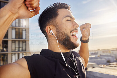 Buy stock photo Shot of a man celebrating while out for a workout