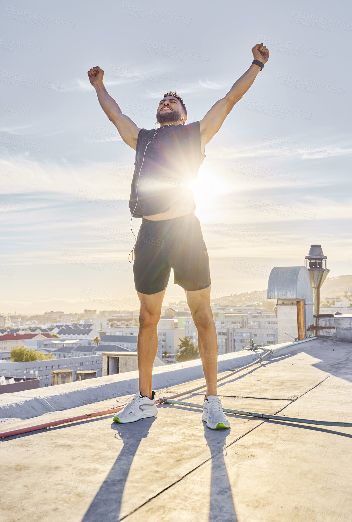 Buy stock photo Shot of a man celebrating while out for a workout