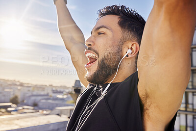 Buy stock photo Shot of a man celebrating while out for a workout