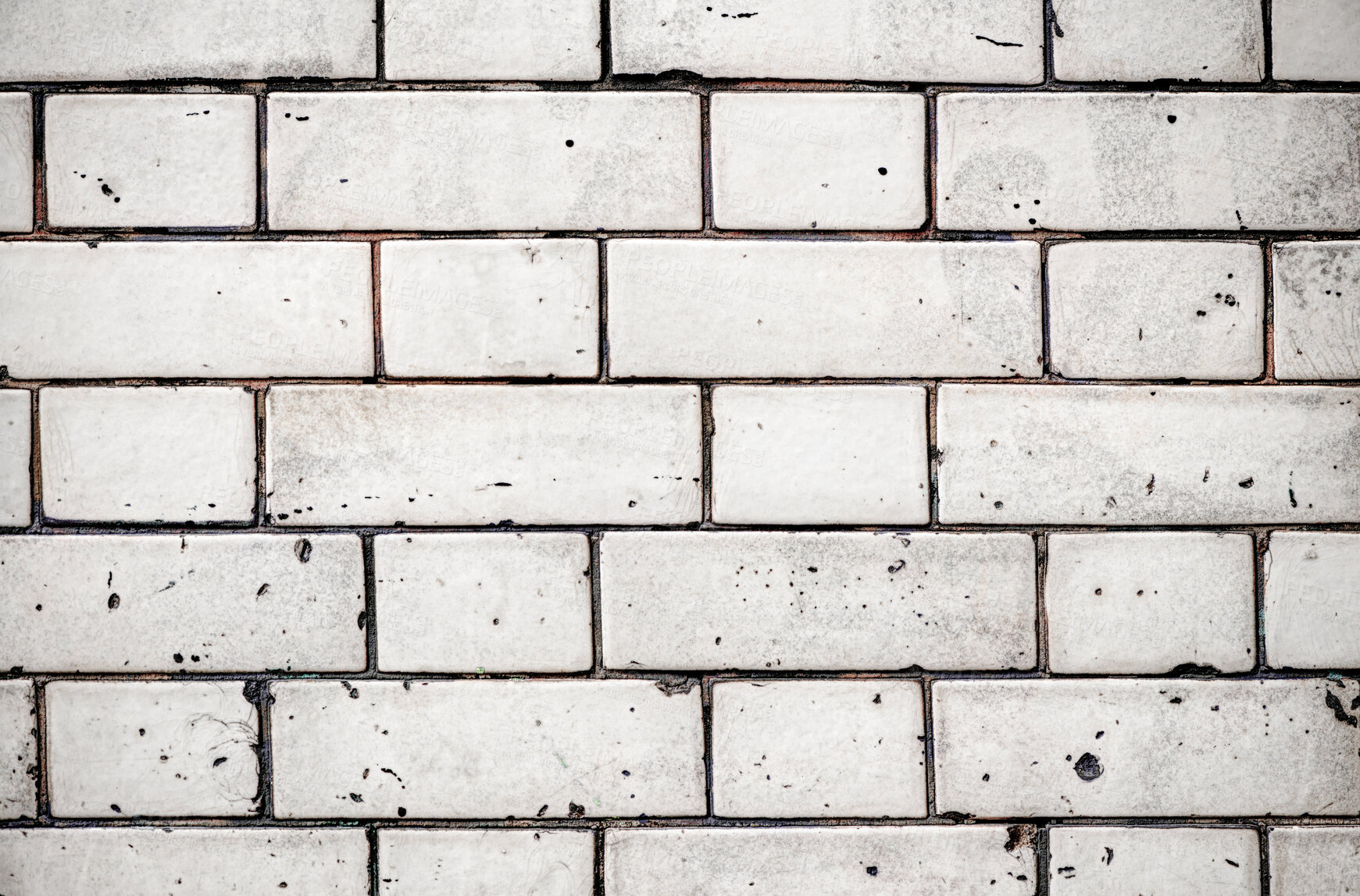 Buy stock photo Wall, concrete and brick in building, city or space for architecture, texture or background in zoom. Construction, design and wallpaper with peeling, paint or pattern in mockup, urban and white tiles