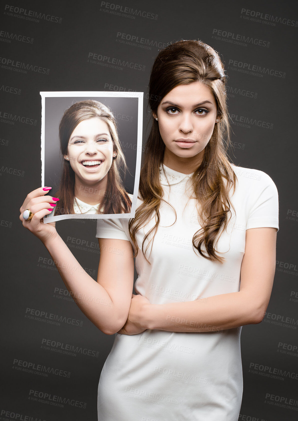 Buy stock photo Portrait, woman and bipolar for mental health, depression or character for psychology, wellness or therapy. Female person, retro and frustrated in emotions, happiness or laughing on studio background