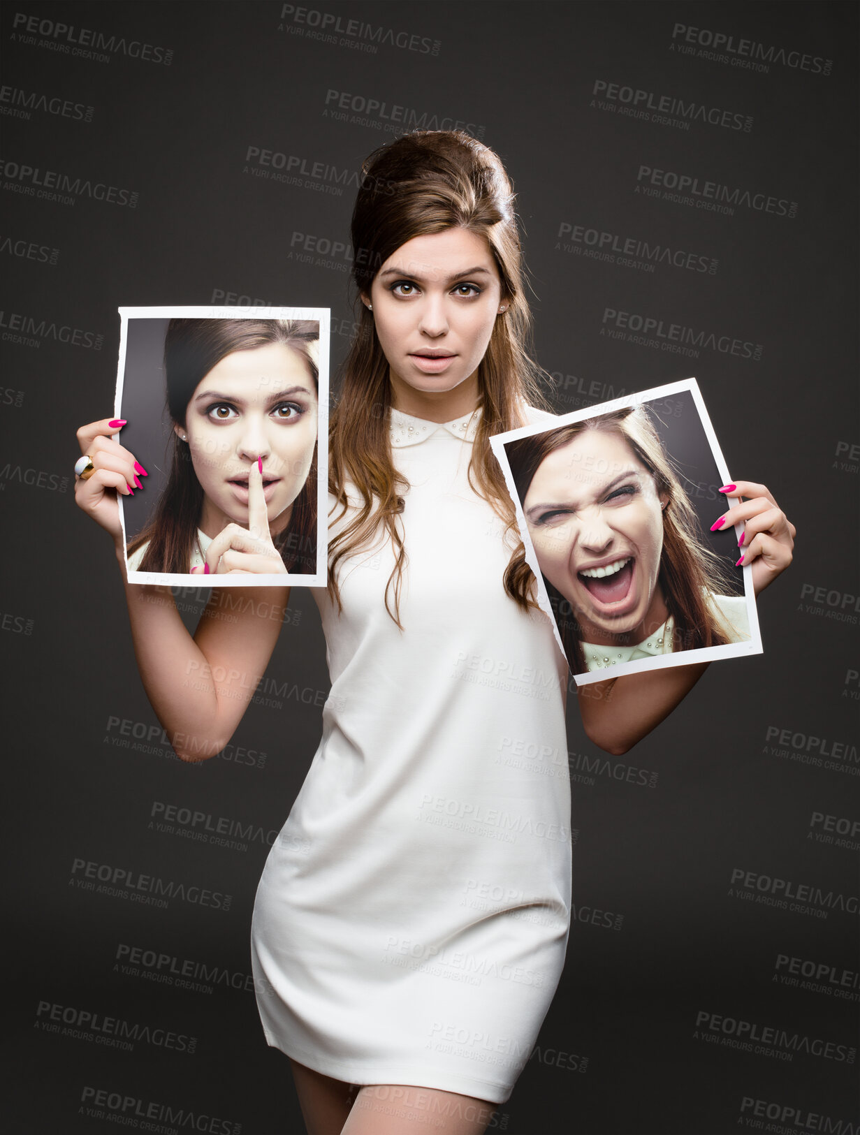 Buy stock photo Portrait, woman and holding pictures of herself for silence, gossip or screaming on black studio background. Shush, hand and finger on lips for confidential information, liar or different personality