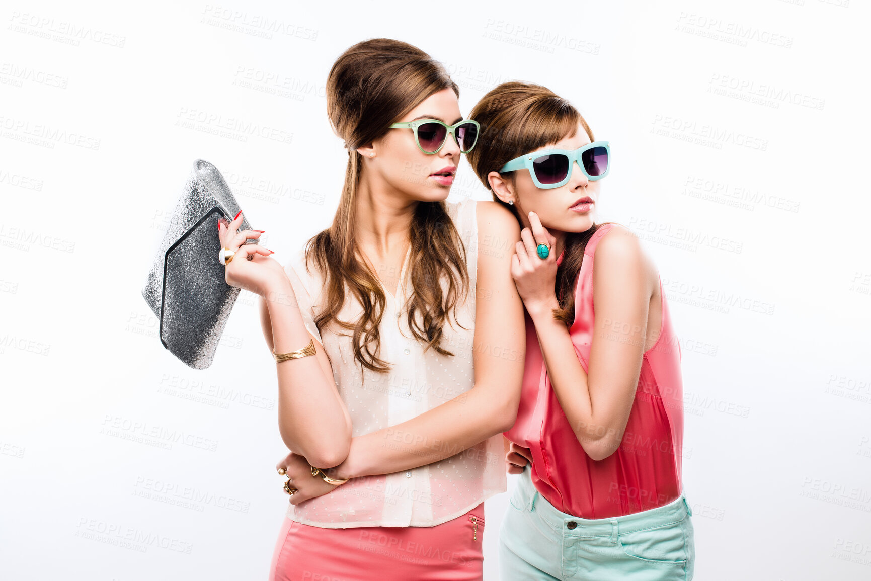 Buy stock photo Glamour, vintage and sunglasses with girls or cool in studio background with purse for party. Woman, together and fashion glasses with stylish, outfit with accessories and friendship at event.