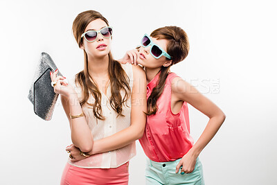 Buy stock photo Girls, portrait and retro with sunglasses or style in studio background with a purse for outfit with friends. Vintage, woman and together are cool with fashion glasses with accessories with colour.