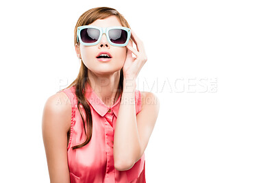 Buy stock photo Woman, portrait and fashion with sunglasses in studio, pastel clothes and vintage aesthetic. Confident, girl and elegant wardrobe for retro beauty, beehive hairstyle and tradition on white background