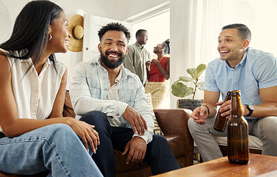 Buy stock photo Shot of friends bonding during a gathering at home