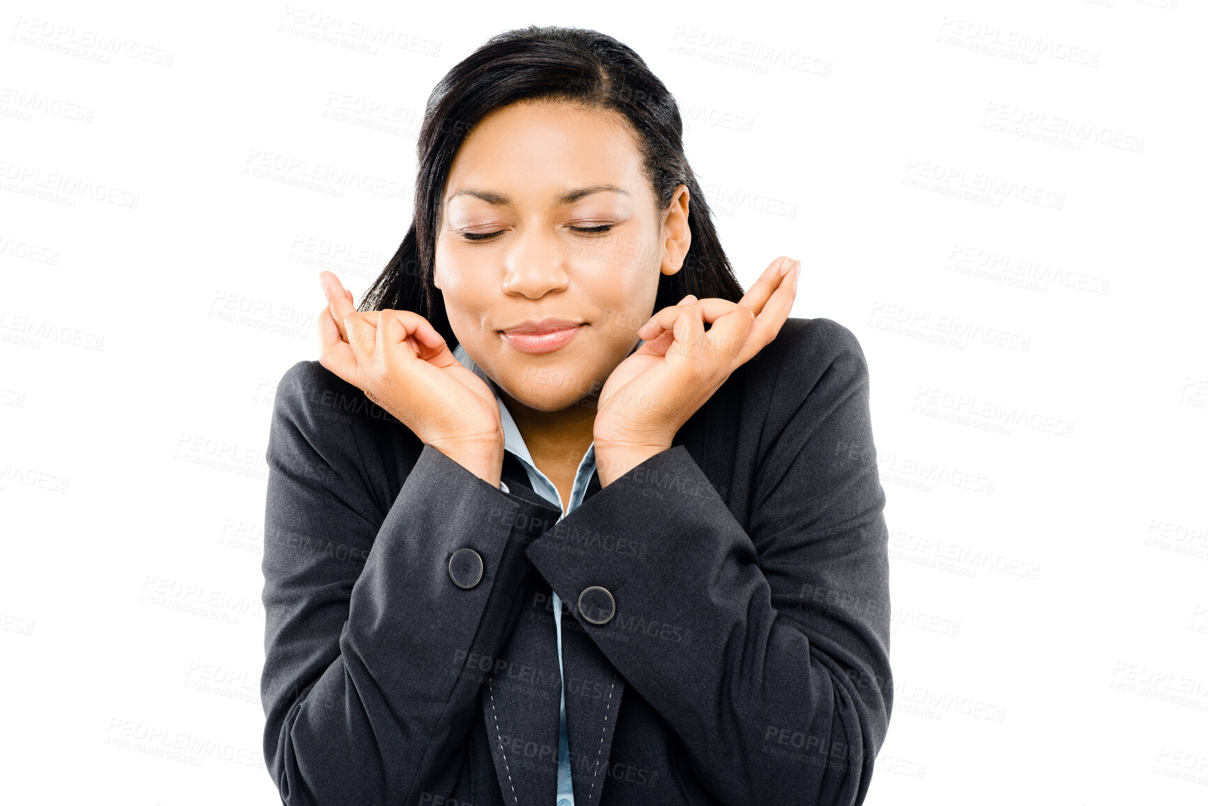 Buy stock photo Studio, hope and businesswoman with fingers crossed,  or faith isolated on white background. Optimism, eyes closed and nervous person with hand gesture for good luck or wishing for prize or bonus