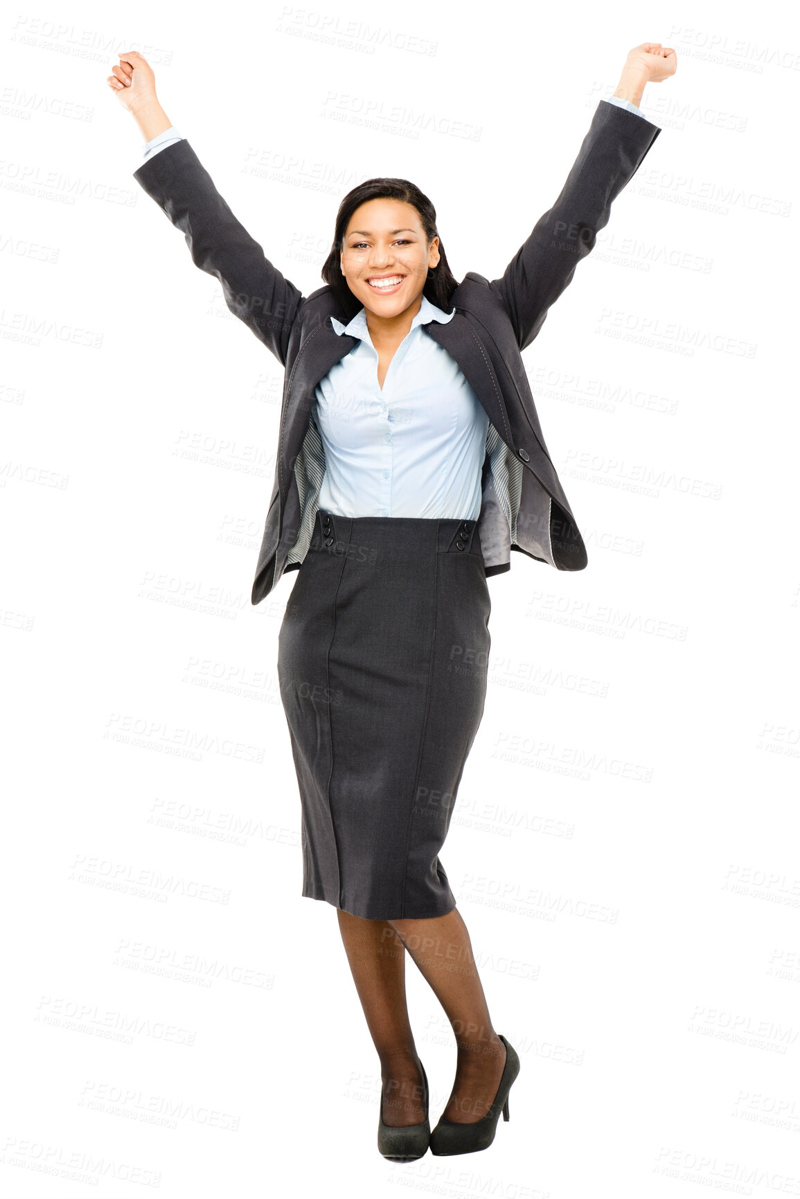 Buy stock photo Portrait, celebration or happy businesswoman in studio with freedom, promotion or achievement by white background. Hands up, proud and confident female banker winning bonus prize, success or profit