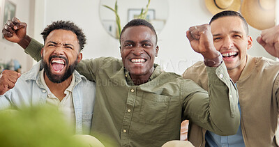 Buy stock photo Shot of three male friends looking cheerful while sitting together