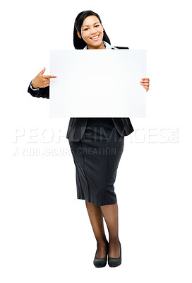 Buy stock photo Portrait, woman and billboard in advertising with mock up space on white background. Female person, poster and financial advisor in savings, investment and wealth for career or insurance sales in USA