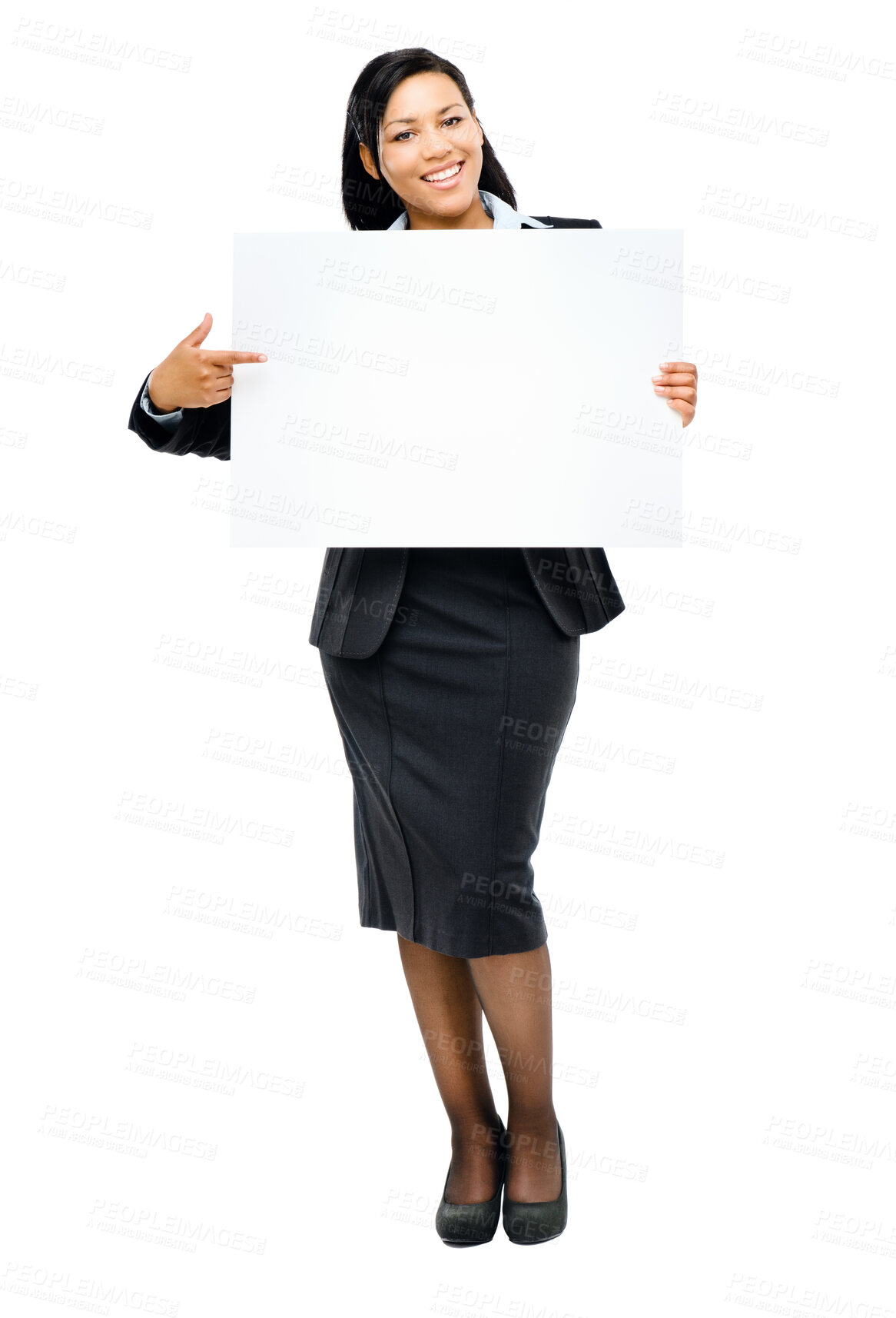 Buy stock photo Portrait, woman and billboard in advertising with mock up space on white background. Female person, poster and financial advisor in savings, investment and wealth for career or insurance sales in USA