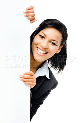 Buy stock photo Portrait, business and woman peeking in studio with billboard, presentation poster or advertising of news. Happy, female person and hiding for corporate opportunity, announcement and white background