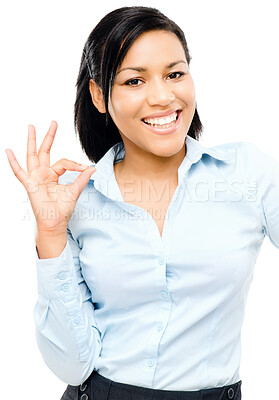 Buy stock photo Portrait, happy woman and okay with hand gesture or sign for business, confidence and success. Female person, pride and agreement on white background for development as financial advisor in Germany