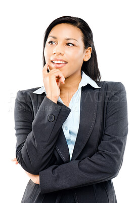 Buy stock photo Shot of a young businesswoman thinking against a studio background